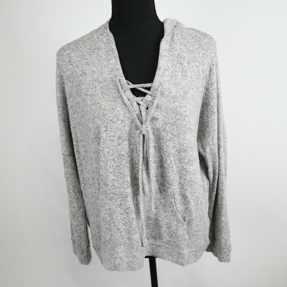 Lulus Sweater Womens Large Pullover Knit Hoodie Casual V-Neck Gray Long Sleeve
